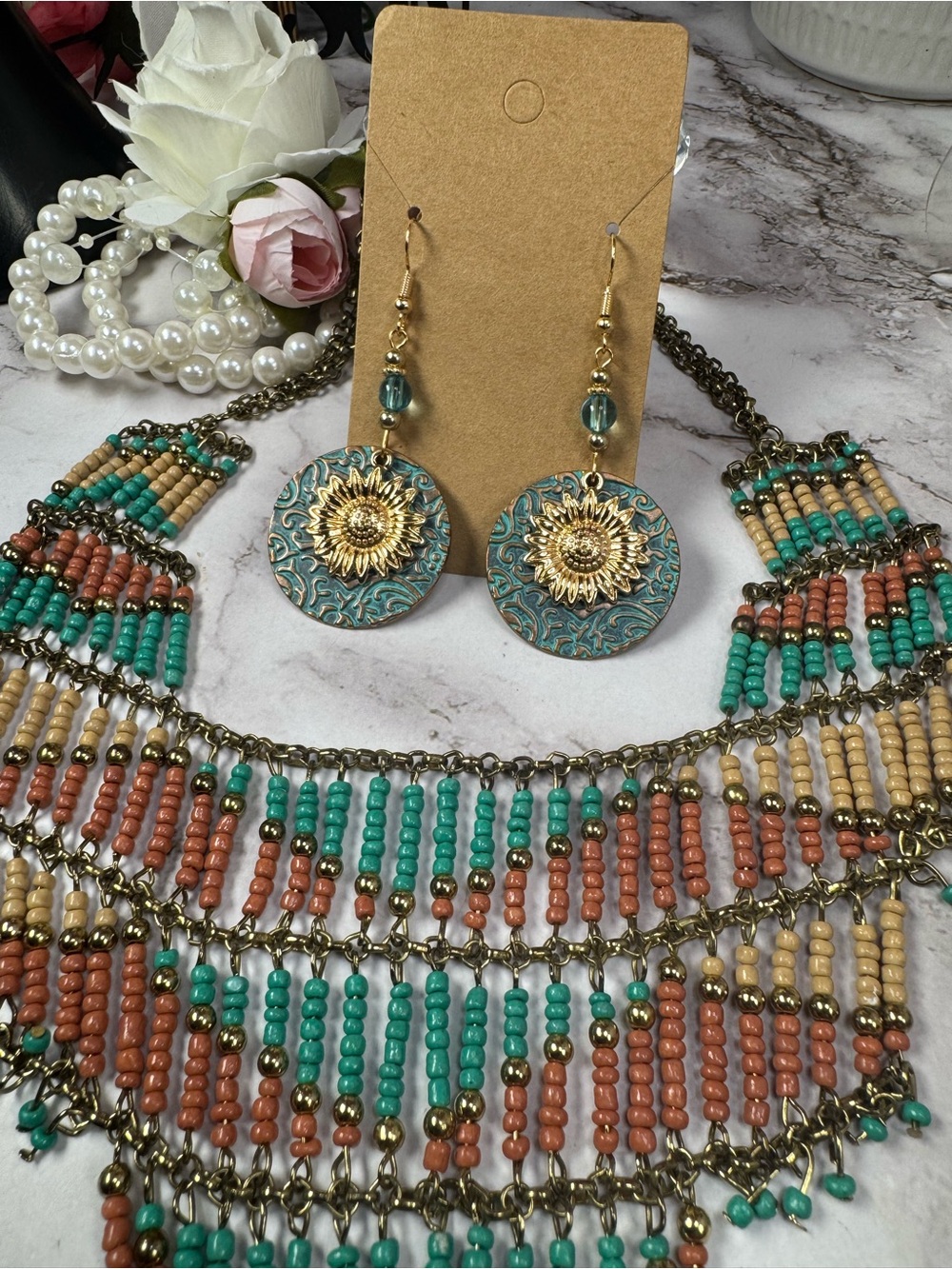 Boho Turquoise & Coral Beaded Statement Necklace with Sunburst Earrings